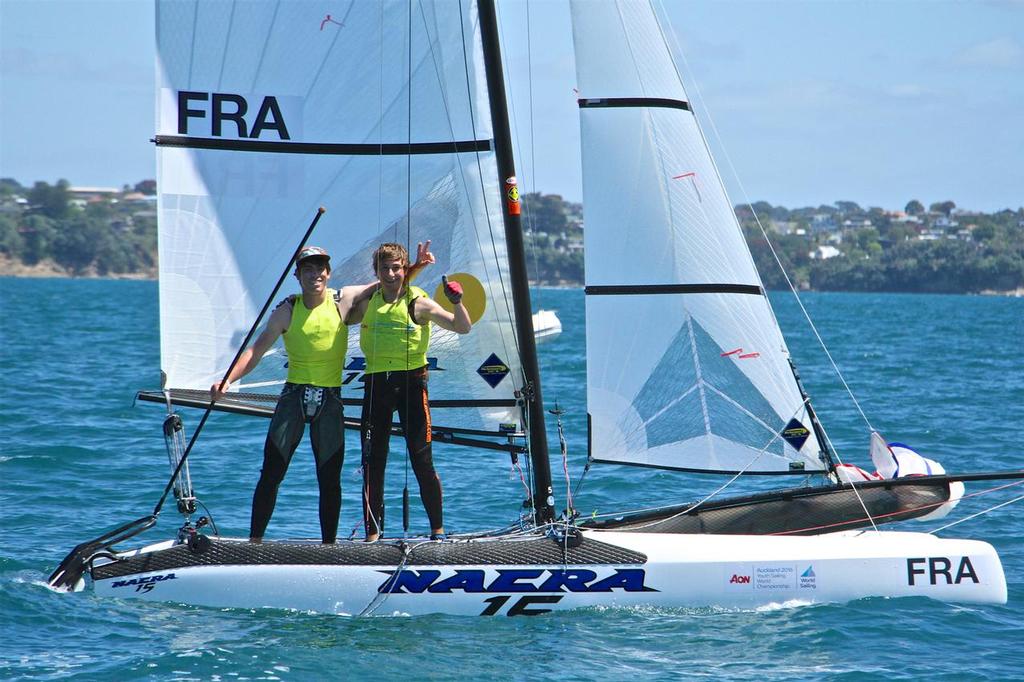 Tim Mourniac and Charles Dorange (FRA) Nacra 15 Gold Medalists- Aon Youth Worlds 2016, Torbay, Auckland, New Zealand, Day 5, December 19, 2016 © Richard Gladwell www.photosport.co.nz